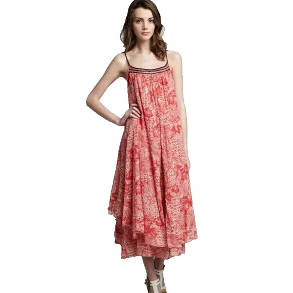 Free People Dresses & Skirts - Free People Bandana Dress‎ Tie Shoulder Maxi Red Floral Size S Boho Festival